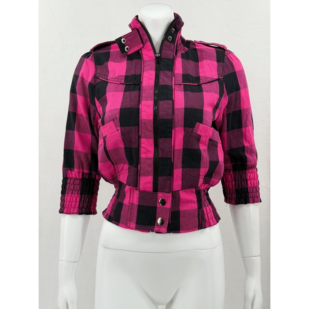 Deb Jacket Womens Medium Pink Buffalo Plaid Smocked Bomber Zip Y2K Grunge Punk